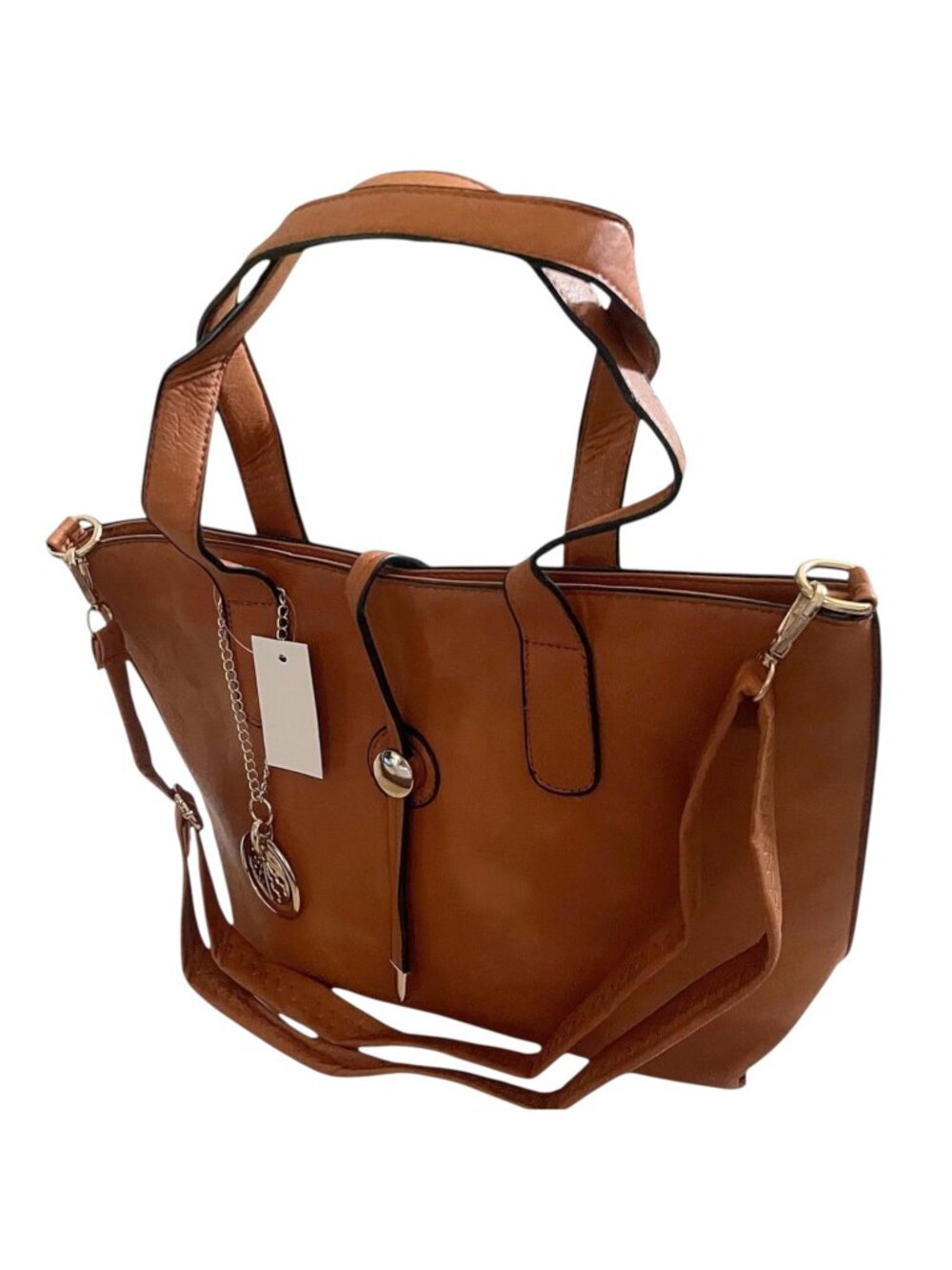 Tan Faux Leather Tote Bag with Shoulder Strap & Gold Hardware Handbag - Picture 3 of 9